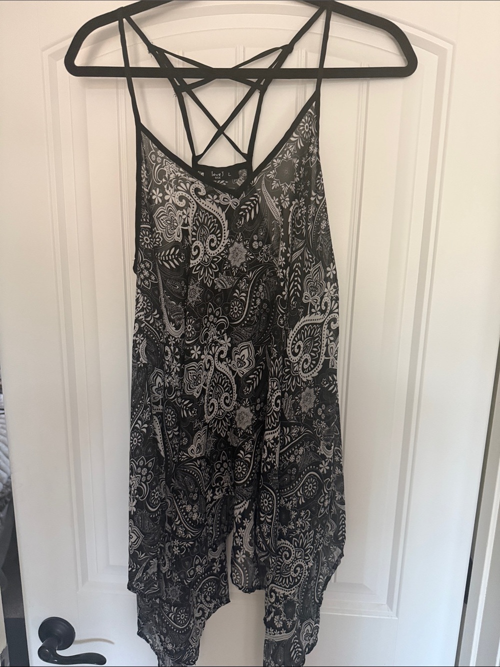 Love J brand tank top features a black and white paisley print a x back